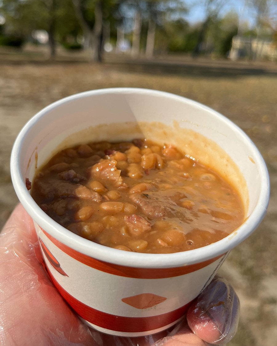 Delicious Brisket'n Beans in insulated cup at Flame & Ember BBQ in Vineland NJ